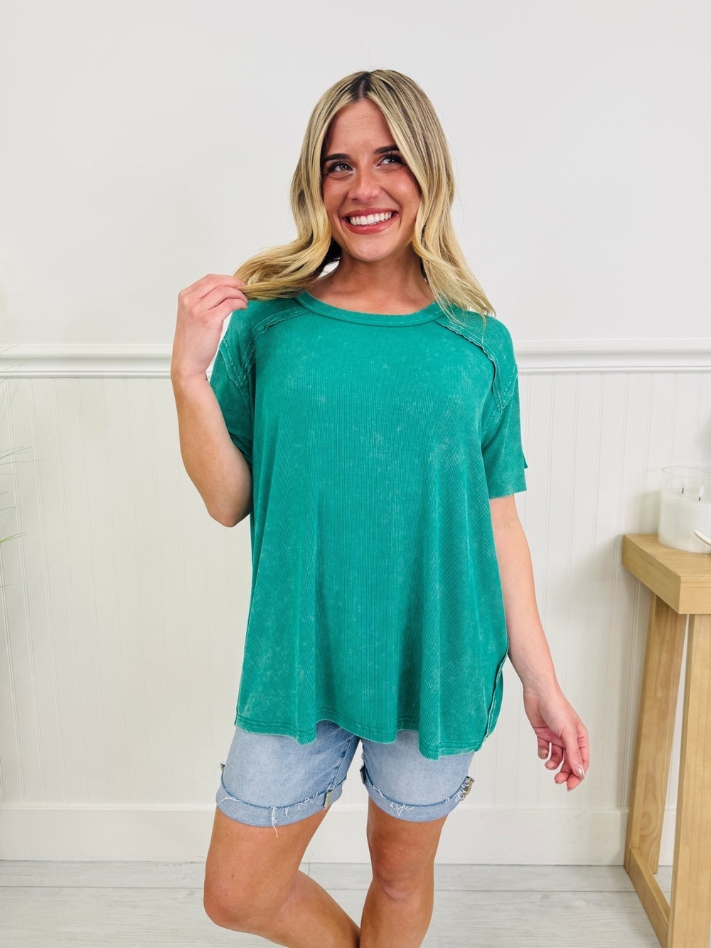 Zenana relaxed fit oversized ribbed short sleeve top size s/m jade green NIB